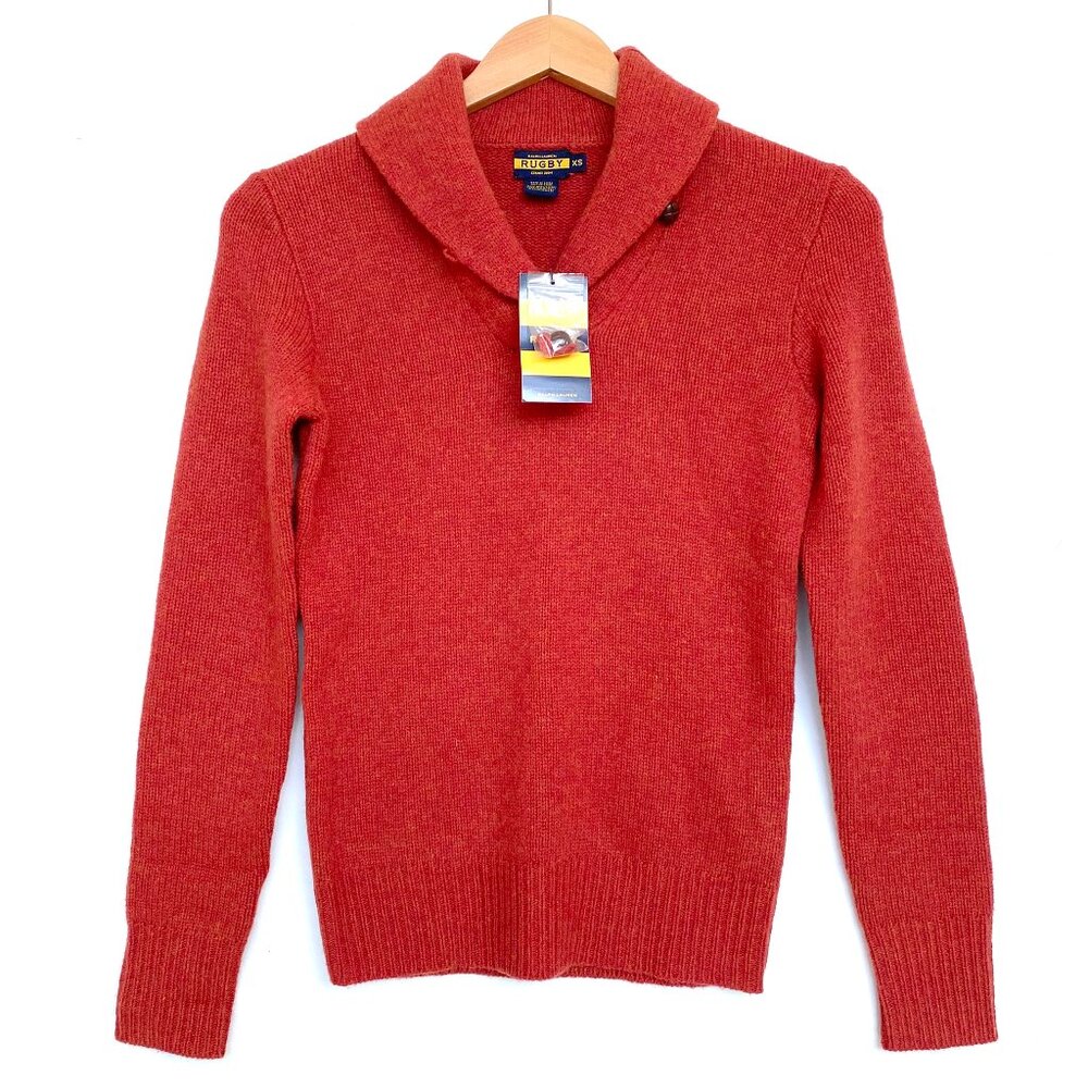 NWT Ralph Lauren Rugby 100% Wool Shawl Collar Sweater Suede Elbow Patch Vintage